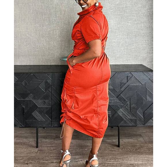 Rust Orange Multi-Pocket Cargo Drawstring Dress – Bold & Functional - Picture 2 of 16